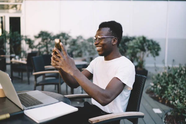Positive African American Male Eyeglasses Casual Outfit Smiling Taking Selfie — Stockfoto