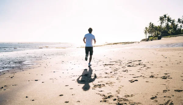 Back View Fit Anonymous Male Sport Clothes Running Alone Sandy — Stock Photo, Image