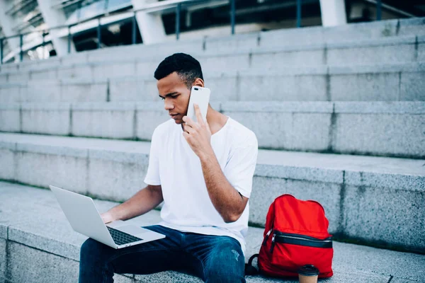 Pensive Black Student Casual Outfit Sitting Opened Laptop Stone Stairs — Fotografia de Stock