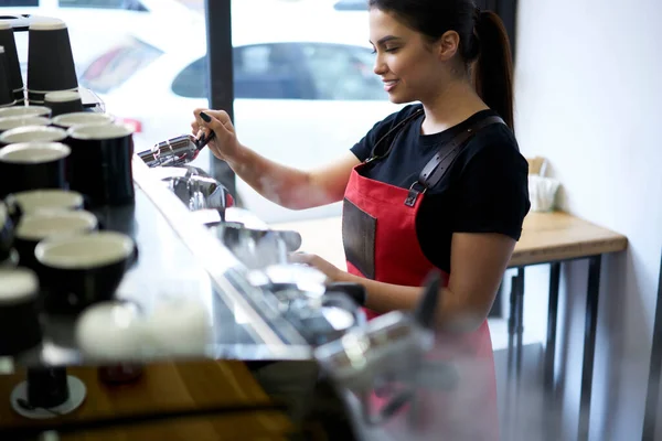 Smiling professional woman barista enjoying working at cafeteria preparing cappuccino using professional equipment