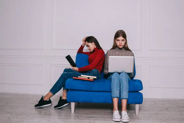 Focused female remote worker in turtleneck with laptop looking at camera and sitting on sofa with pensive friend in light room