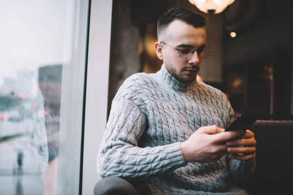 Concentrated Bearded Male Casual Wear Eyeglasses Sitting Comfortable Armchair Cozy — Stockfoto