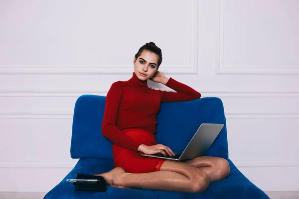 Young female in red sweater and red skirt sitting on knees on blue sofa surfing internet on laptop and looking at camera