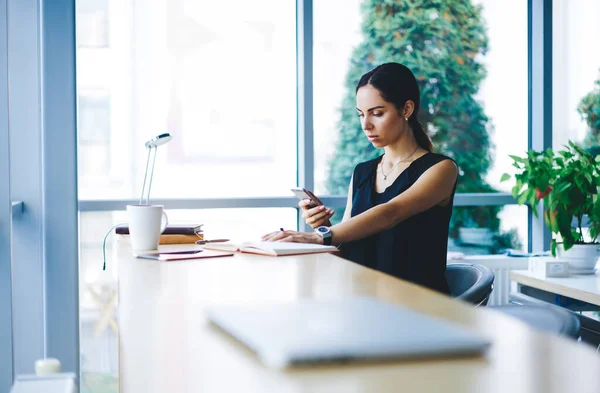 Freelancer Feminino Calmo Com Cabelos Escuros Navegando Móvel Olhando Para — Fotografia de Stock