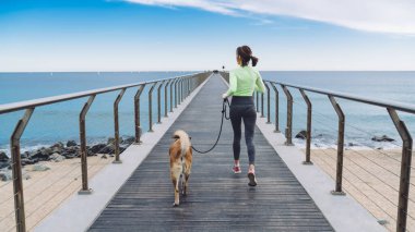 Aktif giyinmiş, köpeğiyle birlikte güneşli yaz günlerinde deniz kenarındaki boş köprü boyunca koşan tanınmamış sportif bir kadının arka görüntüsü.