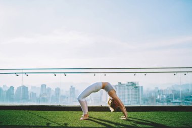 Genç bir kadının Urdhva Dhanurasana 'yı alıp güneşli bir günde gökdelenin tepesindeki çimlerde yoga yaparken görüntüsü.