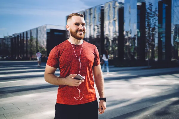 Young Stylish Man Haircut Beard Listening Music Earphones While Having — Stock Photo, Image