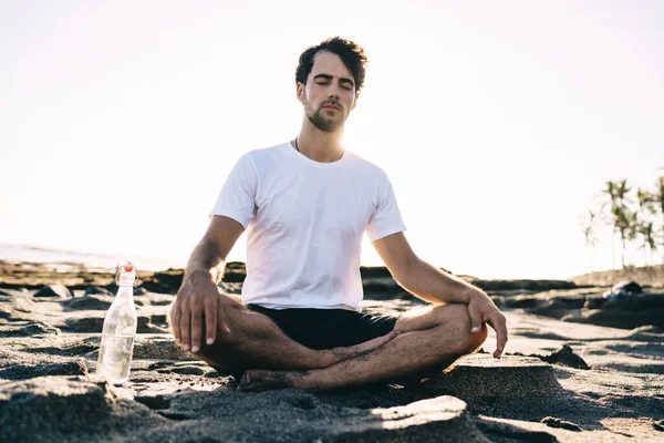 Full Body Relaxed Bearded Man Casual Outfit Sitting Lotus Pose — Stock Photo, Image