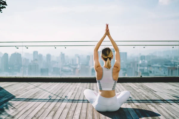 Back View Sporty Female Sitting Wooden Terrace Lotus Pose Raising — Stockfoto