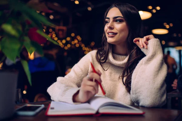 Smiling Female Soft Sweater Sitting Pen Notebook Table Cozy Cafe — Stock Photo, Image