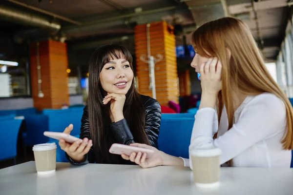  Milenyum çeşitliliği olan kadınlar kahve dükkanında mobil ağ kurulurken içerik yayınını tartışıyor