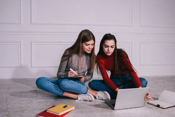 Young female students in casual outfit sitting on floor with legs crossed and browsing laptop while doing homework in light room
