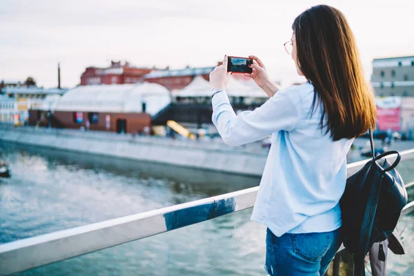 Back View Millennial Female Tourist Focusing Mobile Camera River Making — Stock Photo, Image