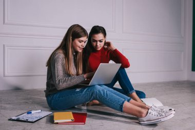 Genç gülümseyen kız öğrenciler dizüstü bilgisayarda fotoğraf izlerken proje üzerinde çalışıyorlar ellerinde kitap ve kağıtlarla aydınlık odada oturuyorlar.