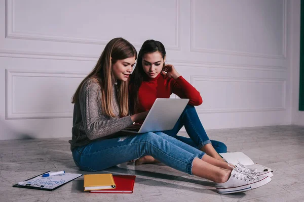 Genç gülümseyen kız öğrenciler dizüstü bilgisayarda fotoğraf izlerken proje üzerinde çalışıyorlar ellerinde kitap ve kağıtlarla aydınlık odada oturuyorlar.