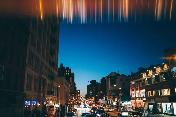 Busy City Street Colorful Glowing Lights Shining Lanterns Contemporary Automobiles — Foto Stock