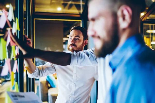 Team Young Businessmen Wearing Official Shirts Interacting While Working Stickers — Stock Photo, Image