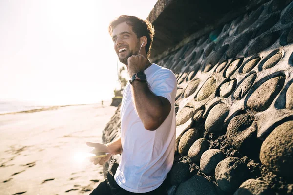Low Angle Laughing Male Casual Wear Leaning Stony Wall Standing — Stock Photo, Image