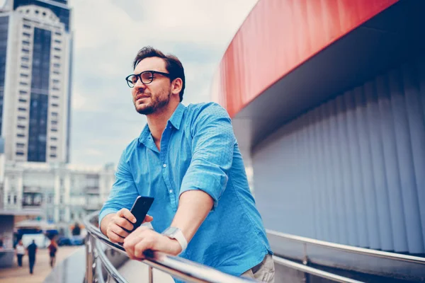 Pensive Bearded Hipster Guy Dressed Trendy Clothes Enjoying Free Time — Stock Photo, Image