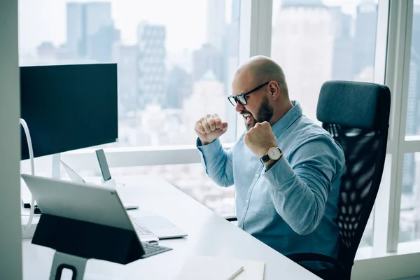 Side view cheerful bearded male broker in formal outfit raising fists in triumph while working on computer in contemporary office