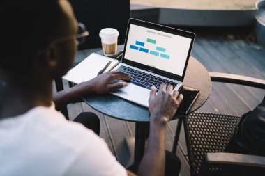 İnternet sitesinden analitik veri bilgilerini kontrol eden koyu tenli hippi öğrencinin arka görünümü