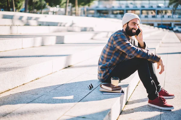 Smiling Hipster Guy Resting Stairs Connecting Internet Roaming Phoning — Stock Photo, Image