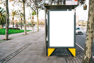 Güneşli bir günde, tropikal şehirde cadde boyunca giden arabalarla otobüs durağının yanındaki reklam panosunda modern boş reklam panosu.