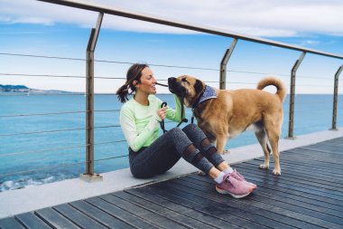 30 'lu yaşlardaki mutlu beyaz kadın sahil kenarında dinleniyor. En iyi arkadaşıyla vakit geçiriyor. Morgel köpeciğiyle.