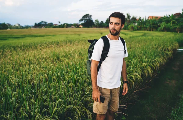 Young Dreamy Unshaven Male Tourist Rucksack Cellphone Looking Away Pathway — 图库照片