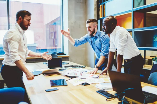 Multiracial Modern Smiling Young Focused Colleagues Shirts Working Table Loaded — Stock Photo, Image