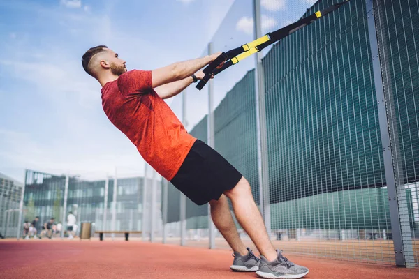 Side View Full Length Male Athlete Sportswear Doing Exercises Suspension — Stockfoto