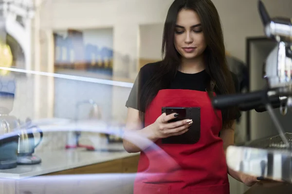 Serious 20s millennial woman in apron sending text messages on mobile phone standing at working place in coffee shop