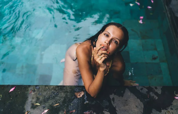 Güneşli bir günde yaz tatilinde havuzda yüzerken mayo giymiş muhteşem esmer kadın kameraya bakıyordu.