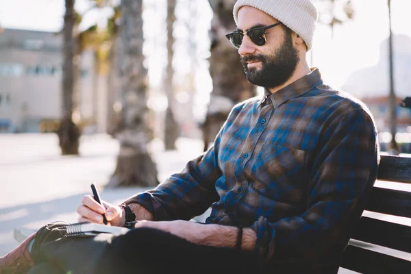 Creative Hipster Guy Making Informative Notes While Planning Touristic Sightseeing — Stock Photo, Image