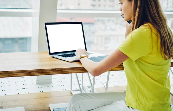 Side View Young Remote Worker Sitting Modern Cafe Using Laptop — Stockfoto