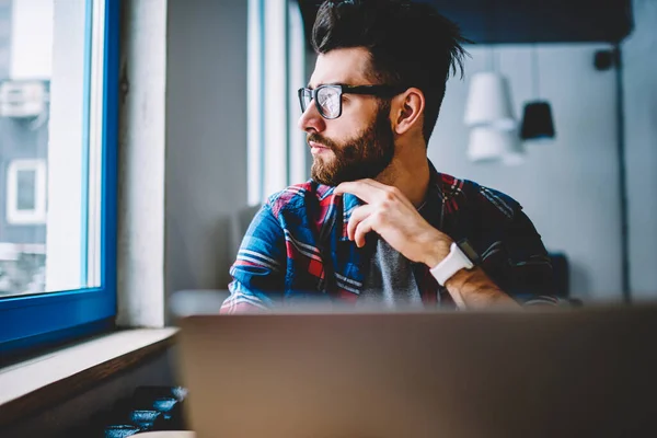 Pondering Hipster Guy Wear Spectacles Provide Eyes Protection Thoughtful Looking — Stock Photo, Image