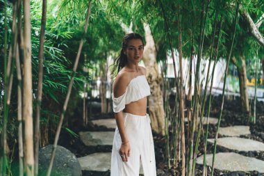 Güneşli bir günde bambu ormanında dikilip özenle kameraya bakan beyaz elbiseli şık bir kadın.