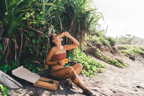 緑の熱帯植物の近くの砂浜に座っているビキニで空腹の女性の側面図とボックスからピザを楽しむ — ストック写真
