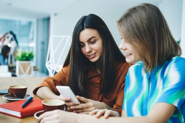 Güler yüzlü bayan arkadaşlar, kafeteryada kahve fincanları ve kalemle otururken telefonla bilgi kontrol ediyorlar.
