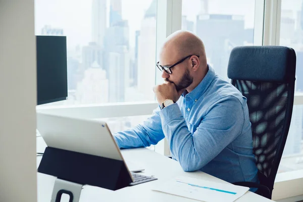 穿着正式服装 戴着眼镜 头脑清醒的秃头男性员工坐在电脑前 一边浏览电脑 一边在现代化的工作空间里工作 — 图库照片
