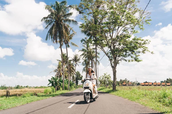 Joyful Young Lady Long Dark Hair White Shirt Riding Motorcycle — Stockfoto