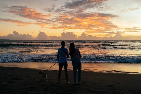 Back view of full body anonymous female tourists standing with dog and enjoying amazing sunset over sea while resting during vacation