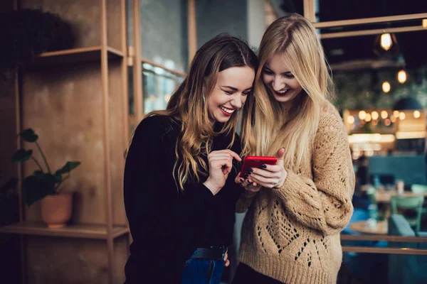 Happy female friends in casual outfits with toothy smile and browsing smartphone while standing in cafe while spending time together