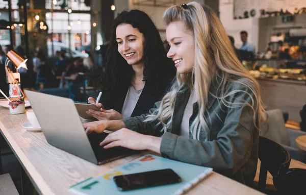 Side View Positive Women Sitting Counter Contemporary Cafeteria Typing Information — Stock Photo, Image