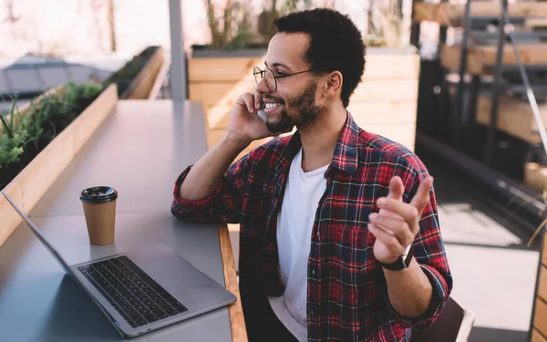 Happy Hispanic Man Optical Eyewear Enjoying Mobile Talking Time Doing — Stockfoto