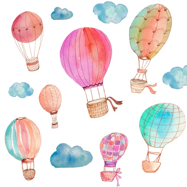 Watercolor Hot Air Balloons on Isolated White Background — Stock Photo, Image