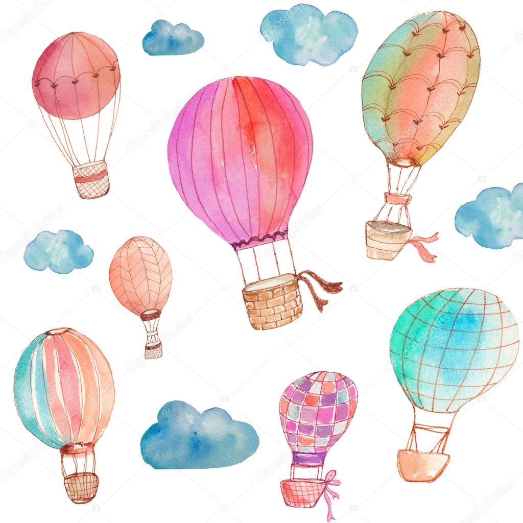 Watercolor Hot Air Balloons on Isolated White Background