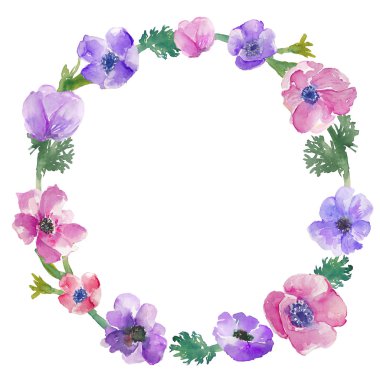 suluboya anemon çelenk. çiçek çelenk. suluboya çelenk