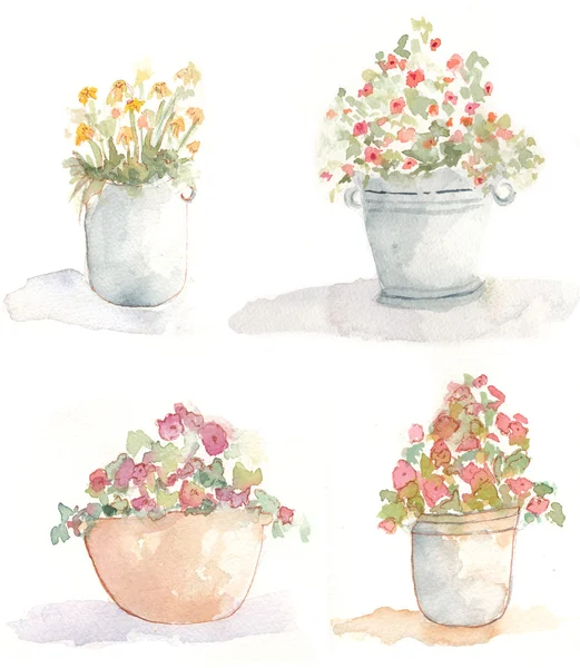 Outdoor Watercolor Flower Pots — Stock Photo, Image