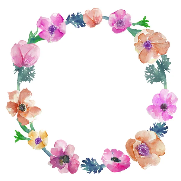 Watercolor Anemones Wreath. Floral Wreath. Watercolor Wreath — Stock Photo, Image